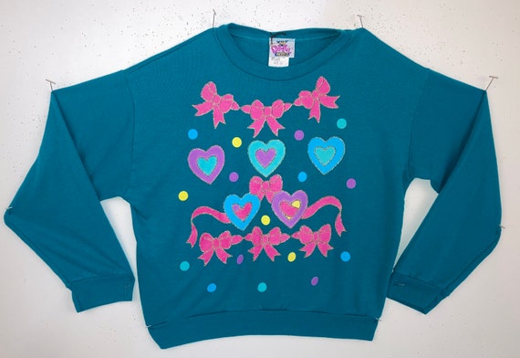 Teal Youth 80's Sweatshirt with Pink Bows, Hearts… - image 1