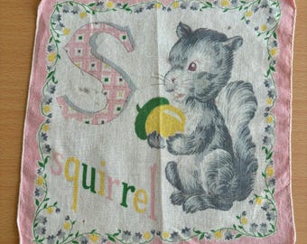 1950s S is for Squirrel Pastel Children's Handkerchief | Vintage Sketch Style Hankies