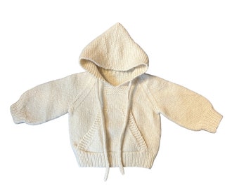 Vintage Baby Knit Wool Sweater with Hood | Kids White Soft Vintage Sweater