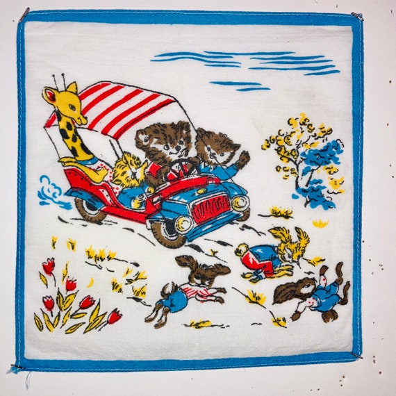Vintage Handkerchief with Bears, a fox and Giraff… - image 1