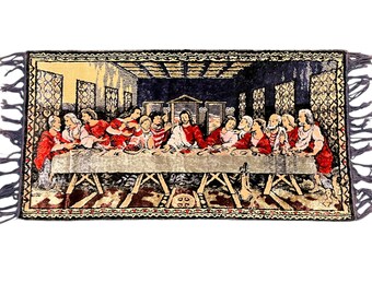Velvet Gold and Red Last Supper Wall Hanging with Fringe Sides