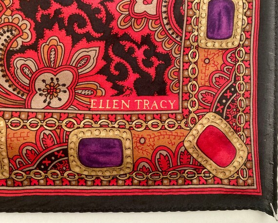 Ellen Tracey Silk Scarf Black With Red and Taupe … - image 2