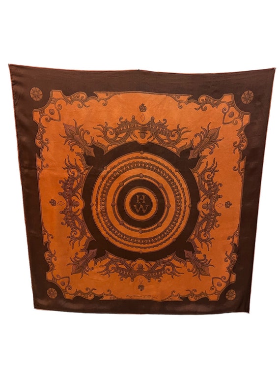 Vintage Harry Winston Orange & Brown Silk Scarf - 