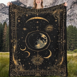 Celestial Moon Stars Tarot Woven Blanket, Astrology Flannel Blanket, Mystical Star Sign Hanging Tapestry, Gothic Tarot Card Bedding Blanket