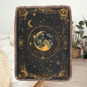 Celestial Moon Planet Woven Blanket, Astrology Moon Stars Wall Hanging Tapestry, Zodiac Tarot Card Blanket, Cozy Large Throw Living Room