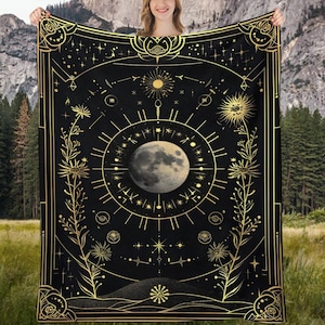 Manta con constelaciones de fases lunares, manta de brujas del zodíaco místico, tapiz de cartas del tarot astrológico, mantas bohemias con fases lunares, estrellas y luna.