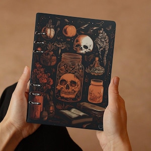 Caderno de diário de esqueleto gótico, caderno de caveira de cottagecore escuro, caderno de esboços de anel A5 recarregável, livro de feitiços do Livro das Sombras, diário de grimório