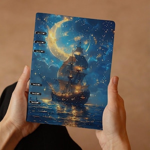 Caderno de diário de veleiro, livro de estilo anime japonês, caderno de paisagem noturna, caderno de esboços de anel A5 recarregável, presentes de livro de viajantes à vela