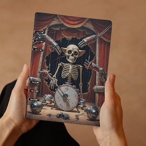 Gotycki szkielet Banjo Cat Journal Binder, Dark Cottagecore Skull Cat Planner, Book of Shadows Spell Notebook, Wymienny A5 Ring Sketchbook
