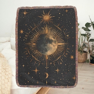Boho Sun Woven Blanket, Constellation Sun Moon Star Tarot Blanket, Witchcraft Wall Hanging Tapestry, Celestial Moon Phases Flannel Blanket