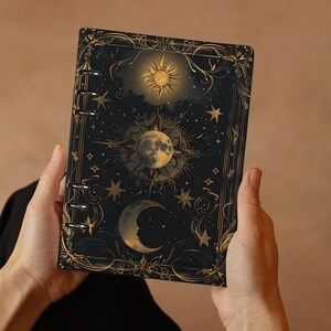 Cuaderno de Tarot con Luna, Sol Celestial, Luna y Estrellas, Agenda Astronómica, Libro de Hechizos del Libro de las Sombras, Cuaderno de Dibujo A5 de 6 Anillas