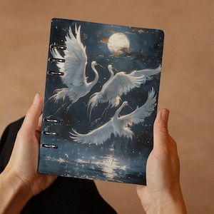 Caderno de diário de arte de guindaste japonês, planejador de guindastes ao nascer do sol, caderno de esboços de anel A5 recarregável, caderno de garça-guindaste japonês, livro de presente para viajantes