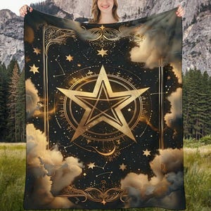 Couverture sombre pentagramme académique, couverture en flanelle pentacle sorcellerie, tapisserie suspendue signe astrologique païen mystique, jetés de cartes de tarot céleste