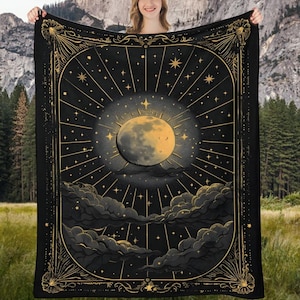 Cobertor com cartas de tarô, sol, lua e estrelas, cobertor com fases da lua celestial, tapeçaria suspensa com signo místico do zodíaco, cobertor de flanela e pelúcia
