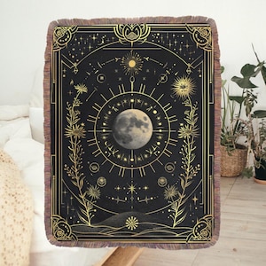Moon Phase Constellation Blanket, Mystic Zodiac Witchy Woven Blanket, Astrology Tarot Card Hang Tapestry, Lunar Phase Star Moon Boho Blanket