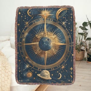Astronomy Woven Blanket, Celestial Planets Blanket, Mystical Wall Hanging Tapestry, Zodiac Time of Sun Blanket, Abstract Phase Throw Blanket