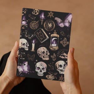 Cuaderno de diario gótico con calaveras, agenda rellenable de anillas A5 de estilo cottagecore oscuro, libro de hechizos de las sombras en blanco, cuadernos de bocetos hechos a mano