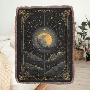 Tarot Card Sun Moon Star Woven Blanket, Celestial Moon Phases Blanket, Mystical Zodiac Hanging Tapestry, Extra Large Flannel Plush Blanket
