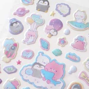 Feuille d'autocollants animaux 3D gonflés | Océan, créatures marines, Sous la mer, Marin, Mignon, Kawaii, journal intime, animaux marins, Japon, Japonais