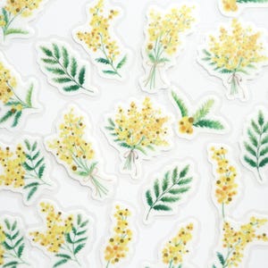 Stickers aquarelle flocons de fleurs de mimosa 27 pièces | Jaune, botanique, floral, journalisation, scrapbooking, journal intime, agenda, mignon, kawaii