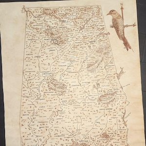 Carte de l'État de l'Alabama - Impression d'art, carte dessinée à la main