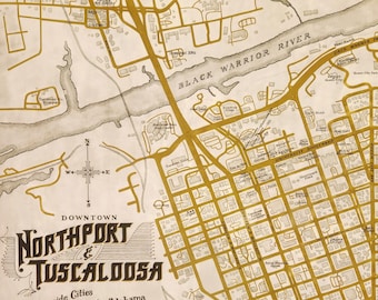 Centro di Tuscaloosa e Northport - Stampa artistica, mappa