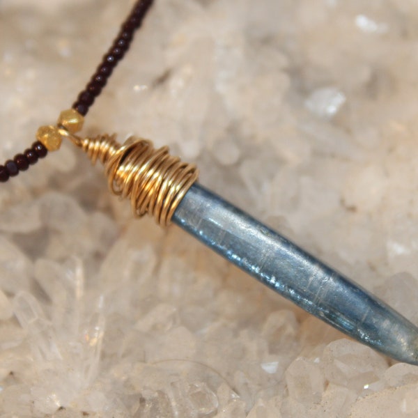 Blue Kyanite Crystal Necklace Gemstone Pendant Shard Simple Brown Seed Beads 14k gold filled Wire Wrapped Shimmer Shimmer