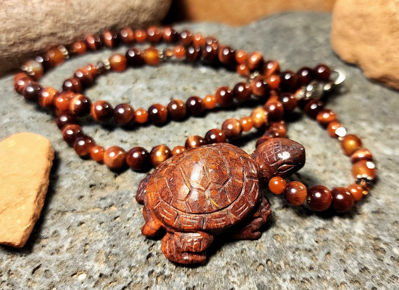 Turtle Necklace Jasper Gemstone Turtle Pendant Tiger Eye Crystal Sterling Silver Jewelry Sedona Arizona Shimmer Shimmer Ocean Theme Gift image 1