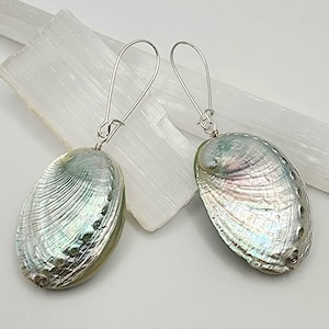 May include: A pair of dangle earrings featuring oval-shaped iridescent abalone shells with a natural pearlescent finish. Each shell is suspended from a simple silver-toned metal ear wire hook, showcasing swirling patterns of green, blue, and pink.