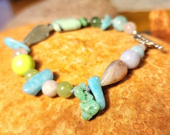 Multi Gemstone Bracelet, Chrysoprase Stone Genuine, Pastel Jewelry, Gift for Woman, Mix Gem Bracelet, Chunky Gem Bracelet, Shimmer Shimmer