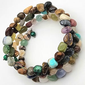 Chunky Mix Gemstone Three Strand Wrap Bracelet Memory Wire, Shimmer Jewelry Sedona