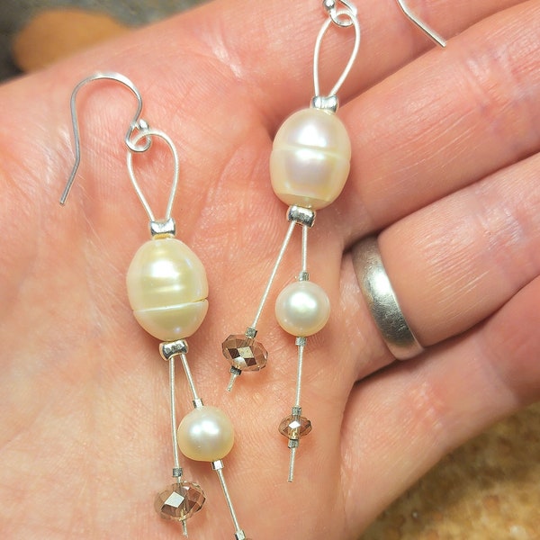 Earrings Pearl White Silver, Long Earrings Crystal, Summer Jewelry Wedding, Floating Bead Earrings, Best Friend Gift, Shimmer Shimmer