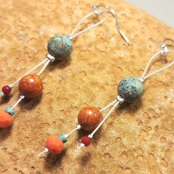 Earrings Turquoise Coral Silver, Long Earrings African Turquoise, Summer Jewelry, Floating Bead Earrings, Best Friend Gift, Shimmer Shimmer