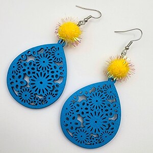 Statement Earrings, Whimsical Jewelry, Yellow Pom Pom and Blue Wood Earrings, Big Fun Earrings, Shimmer Jewelry Maximalist Style