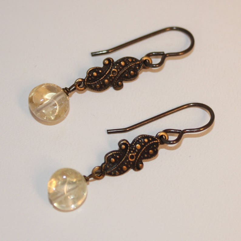 Citrine Yellow Crystal Earrings Antiqued Brass Charm Victorian Style Shimmer Shimmer Free Gift Wrap Ready To Ship image 3