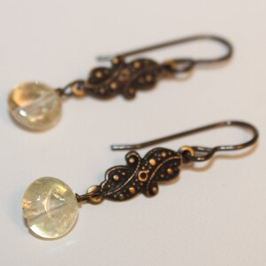 Citrine Yellow Crystal Earrings Antiqued Brass Charm Victorian Style Shimmer Shimmer Free Gift Wrap Ready To Ship image 4