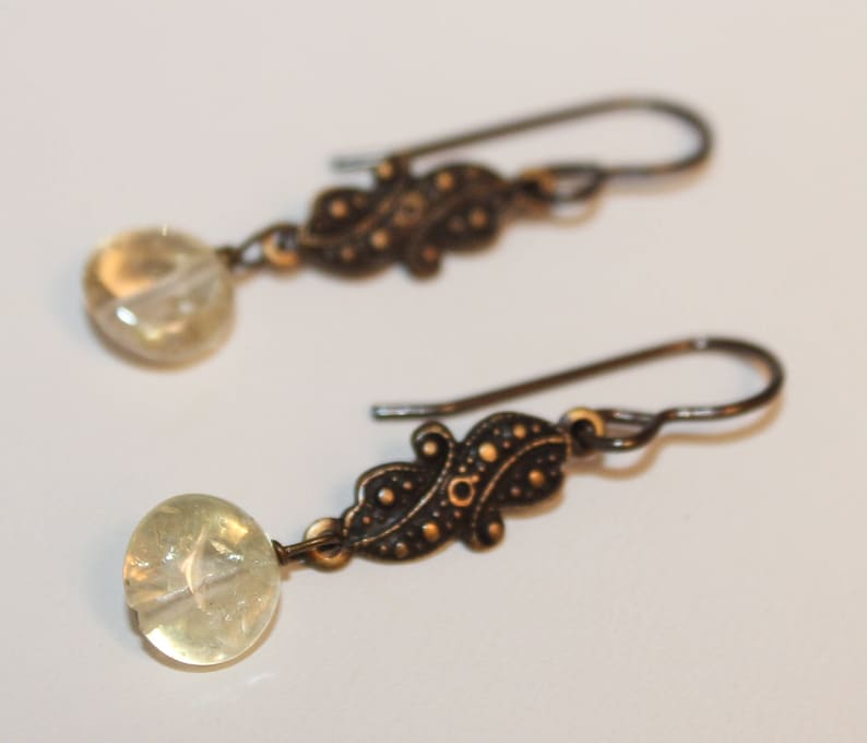 Citrine Yellow Crystal Earrings Antiqued Brass Charm Victorian Style Shimmer Shimmer Free Gift Wrap Ready To Ship image 4