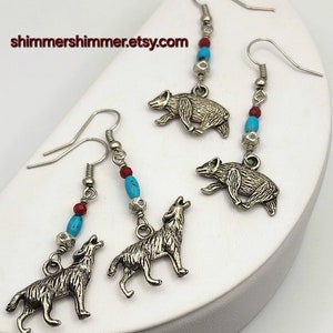 Handmade Southwestern Wolf or Bear Earrings Turquoise & Coral, Shimmer Jewelry