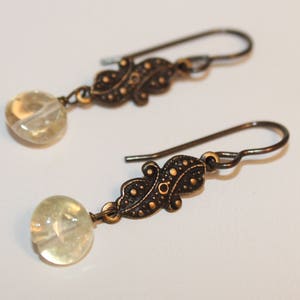 Citrine Yellow Crystal Earrings Antiqued Brass Charm Victorian Style Shimmer Shimmer Free Gift Wrap Ready To Ship image 1