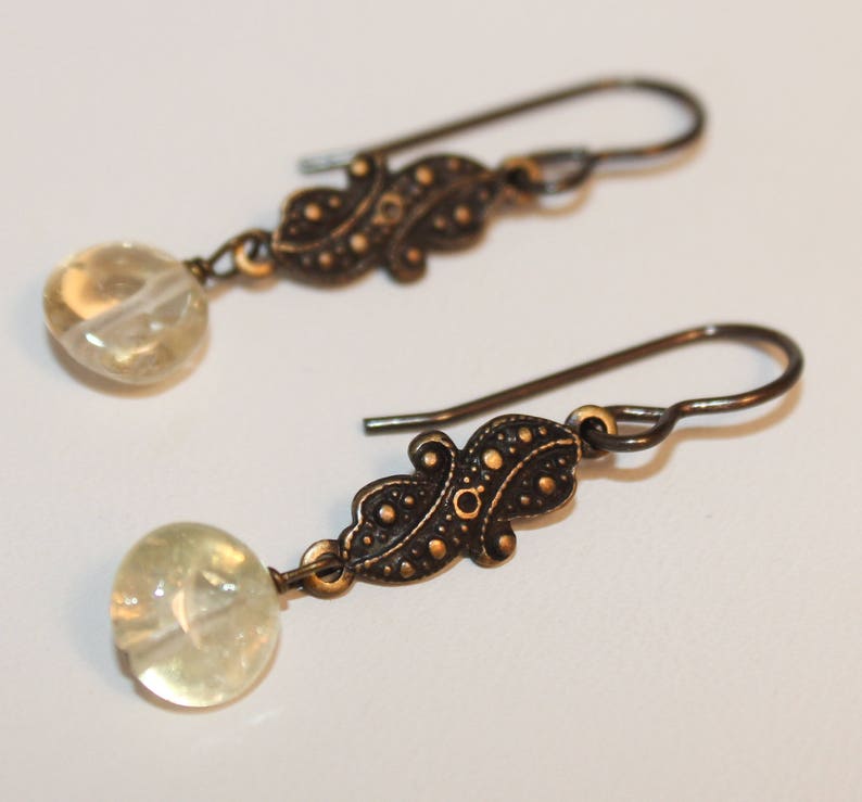 Citrine Yellow Crystal Earrings Antiqued Brass Charm Victorian Style Shimmer Shimmer Free Gift Wrap Ready To Ship image 1