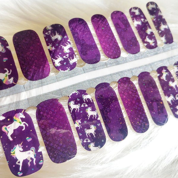 Unicorn Nail Polish Wraps - Glossy Glitter Purple Unicorn Nail Wraps - 16 count nail strips, Unicorn Nail Strips, Gifts For Teen Girl