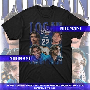 May include: Black t-shirt featuring a collage of images of a person with the name "LOGAN" and the number "22" in blue. The text "John" is also present. The brand name "NHUMANI" is displayed in white on a blue banner.