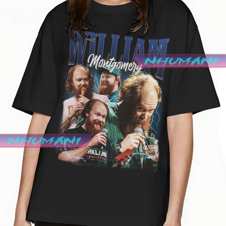 May include: Black t-shirt with a vintage-style graphic of William Montgomery, featuring four men with beards and microphones. The text "William Montgomery" is in a bold, white font.