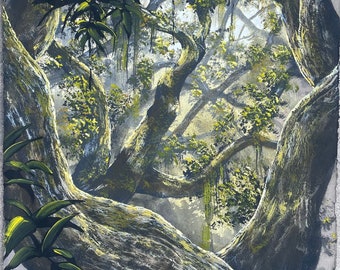 Large, Original, mixed media painting on artisan, handmade, thick, paper sheet. Ready to frame. "Mayan tree".