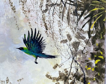 May include: A painting of a green and blue bird flying through a forest with yellow and brown branches. The background is a light beige color.