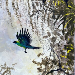 Pintura grande, original, acrílico sobre hoja de papel hecha a mano, gruesa y reciclada. Listo para enmarcar. "Pájaro azul despega v".