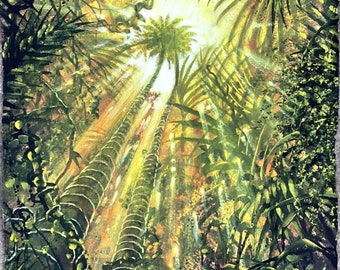 Large, Original, mixed media painting on artisan, handmade, thick, paper sheet. Ready to frame. “Caribbean umbrella”.