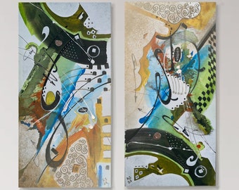 Abstract improvisation diptych 1, 2 original, by artist, abstract paintings executed with mixed media on stretched canvas, ready to hang.