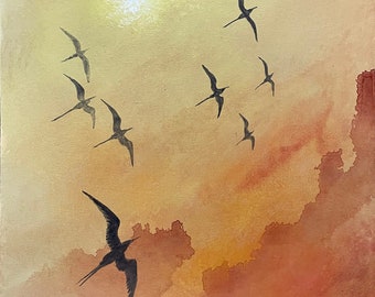 Coastal Sunset Acrylic Painting: Frigate Birds, Ready to Hang