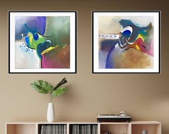 Diptych, 2 original paintings, mixed media on artisan, handmade, thick, paper sheet. Ready to frame. Abstract compositions 5 medium diptych.